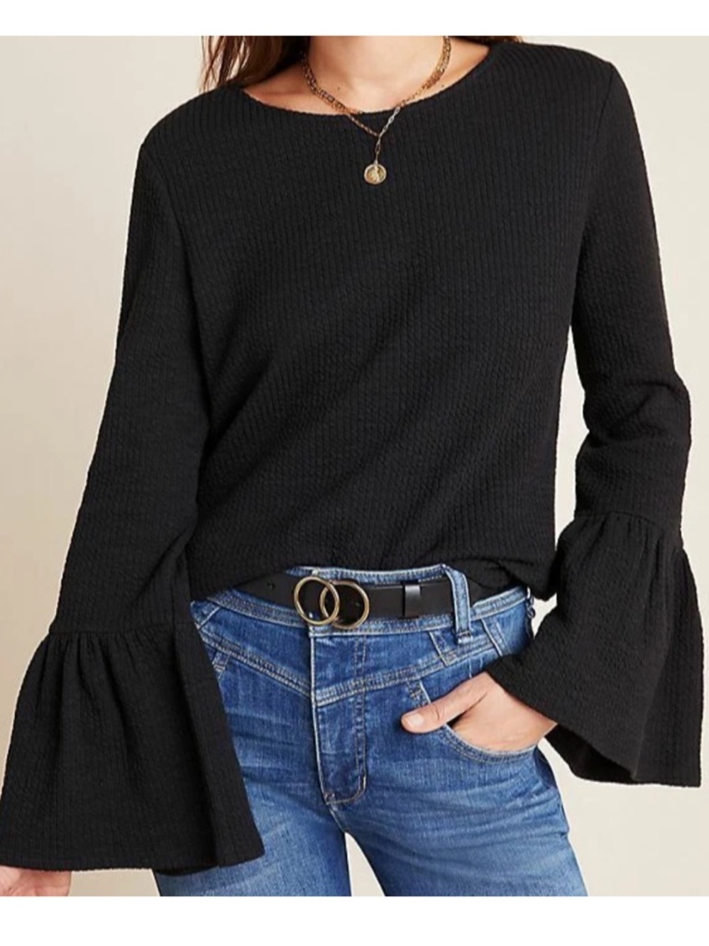 Anthropologie Porridge Joan Black Ribbed Bell Sleeve Top